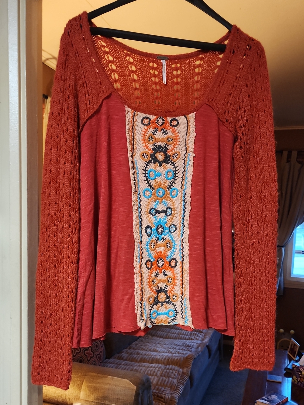 Free People Rust Crochet-Sleeve Embroidered Front Panel Tunic